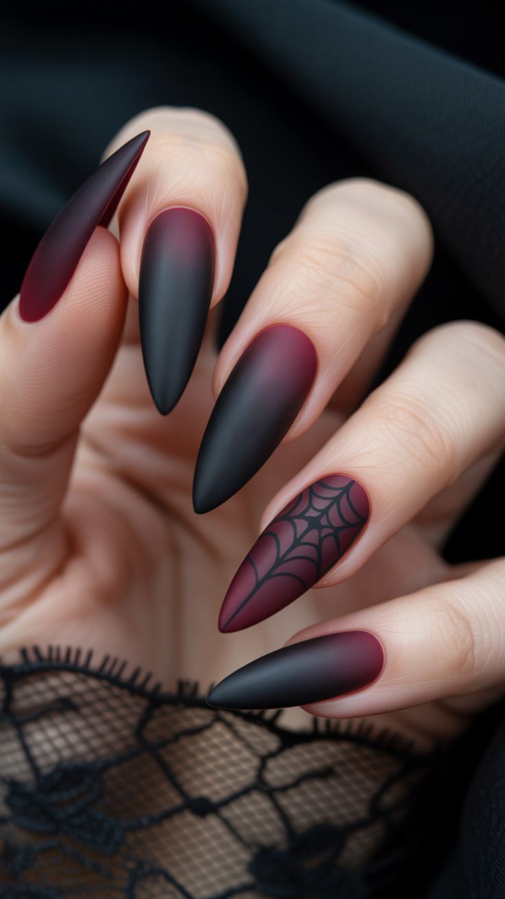Matte Burgundy Ombre Spiderweb Stiletto Witchy Halloween Nails