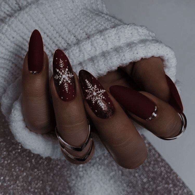 Matte Burgundy Snowflake Nails