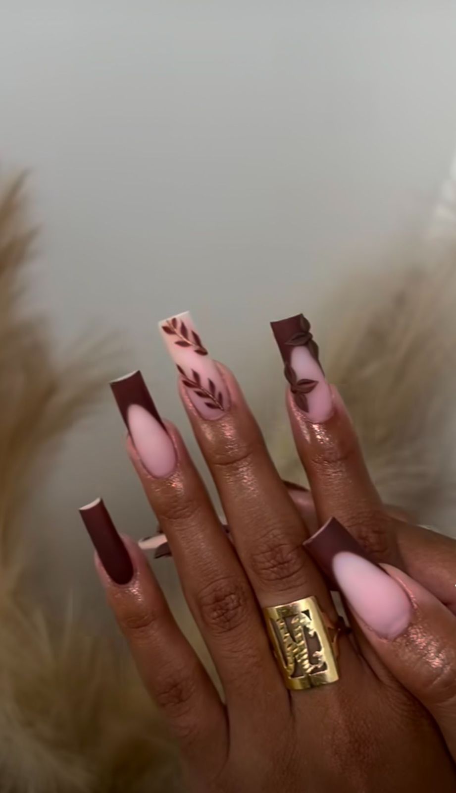 Matte Chocolate Brown 3d Embossed Leaf Fall Nails