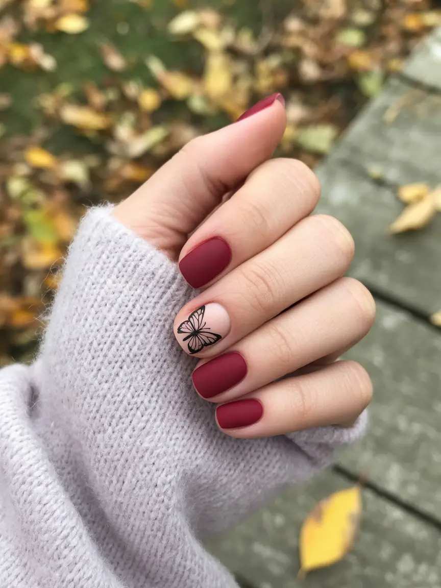 Matte Cranberry Red Short Square Nails With Butterfly Accent