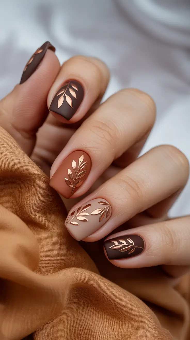 Matte Earth Tone Fall Nails With Rose Gold Chrome Leaves