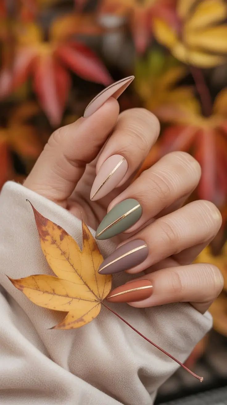 Matte Earth Tone Stiletto Nails With Gold Center Stripe