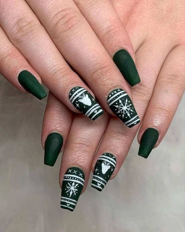 Matte Green Fair Isle Sweater Nails