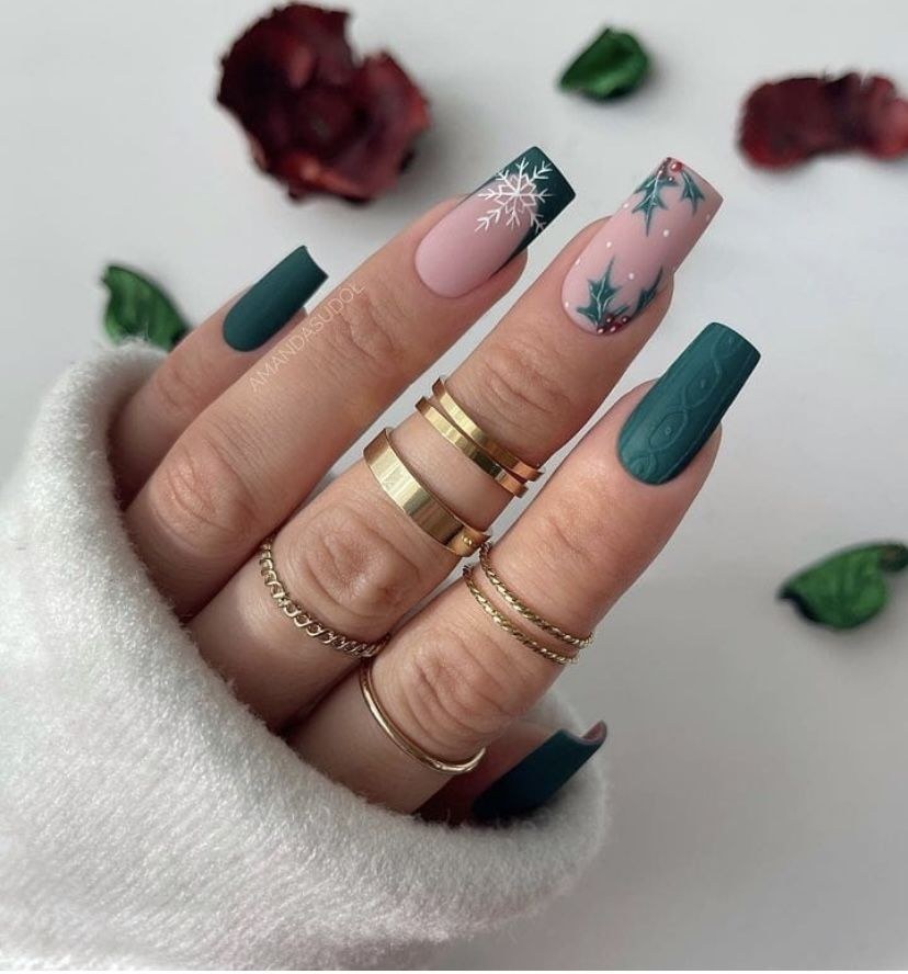 Matte Green Nude Mix Nails