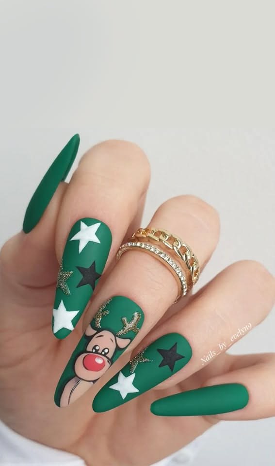 Matte Green Rudolph Nails