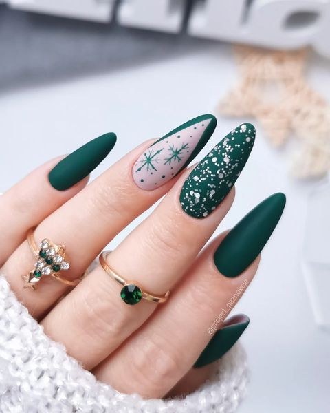 Matte Green Snowflake Nails