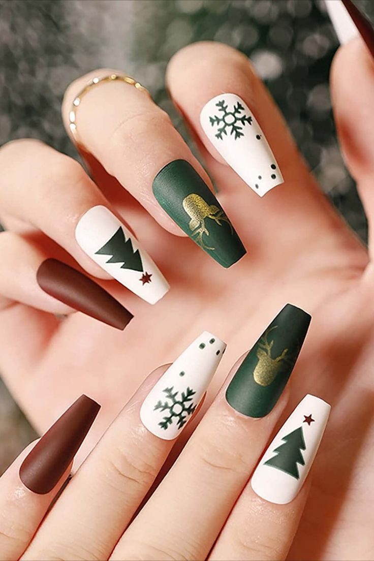 Matte Green White Coffin Nails