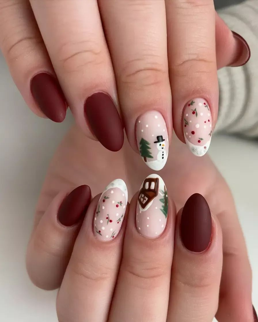 Matte Maroon Snowman And Winter Cabin Christmas Nails