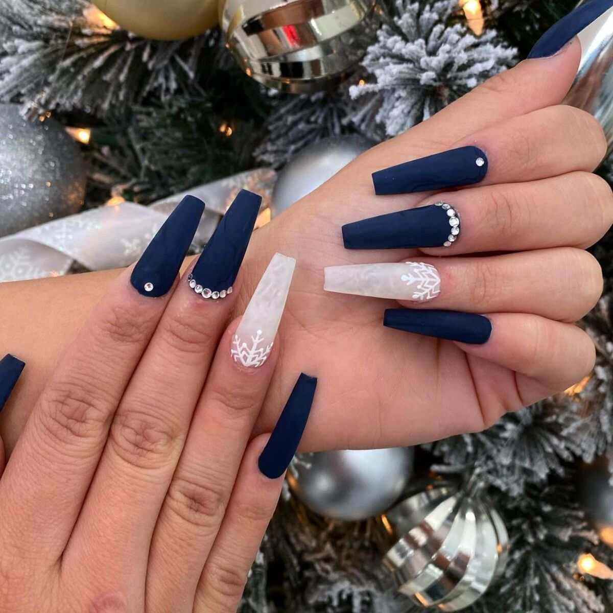 Matte Navy Crystal Coffin Nails