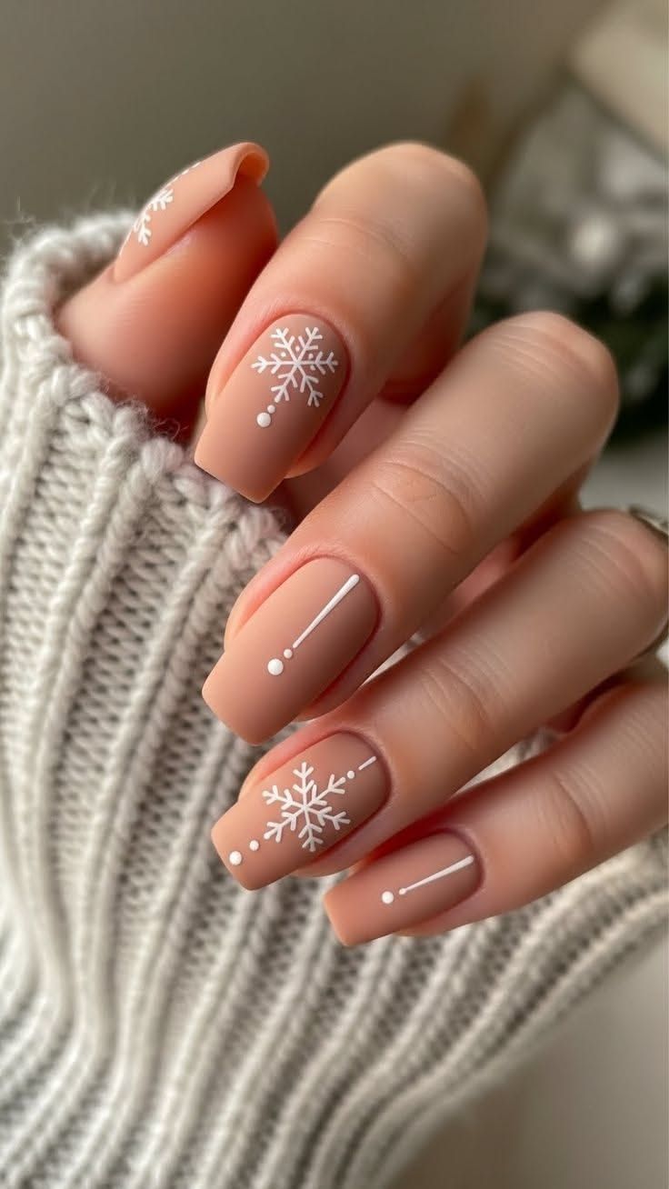 Matte Nude Peach Square Nails With Minimalist White Snowflakes
