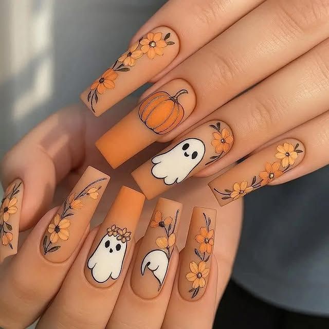 Matte Orange Floral Ghost And Pumpkin Halloween Nails