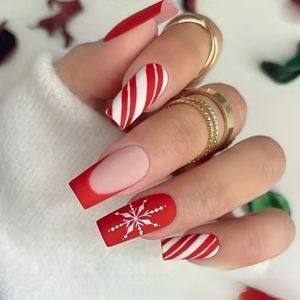 Matte Red Candy Cane Stripes And Snowflake French Nails