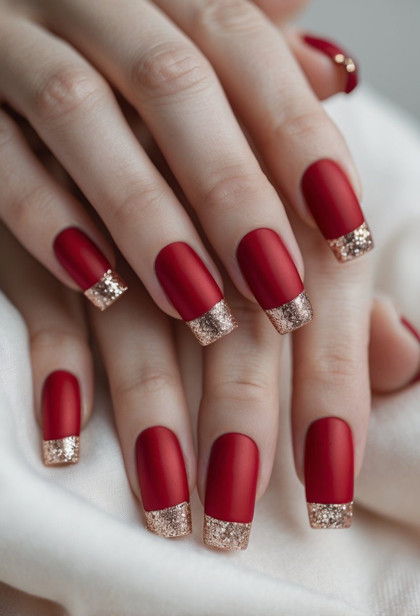 Matte Red Glitter Tip Square Nails