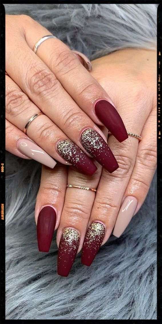 Matte Red Golden Glitter Nails