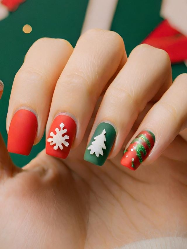Matte Red Green Christmas Nails