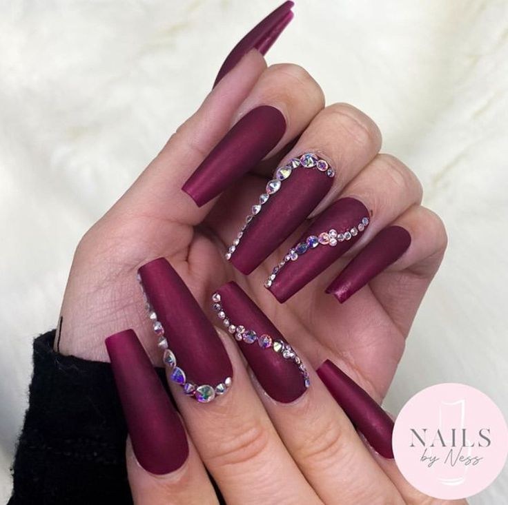 Matte Red Rhinestone Nails