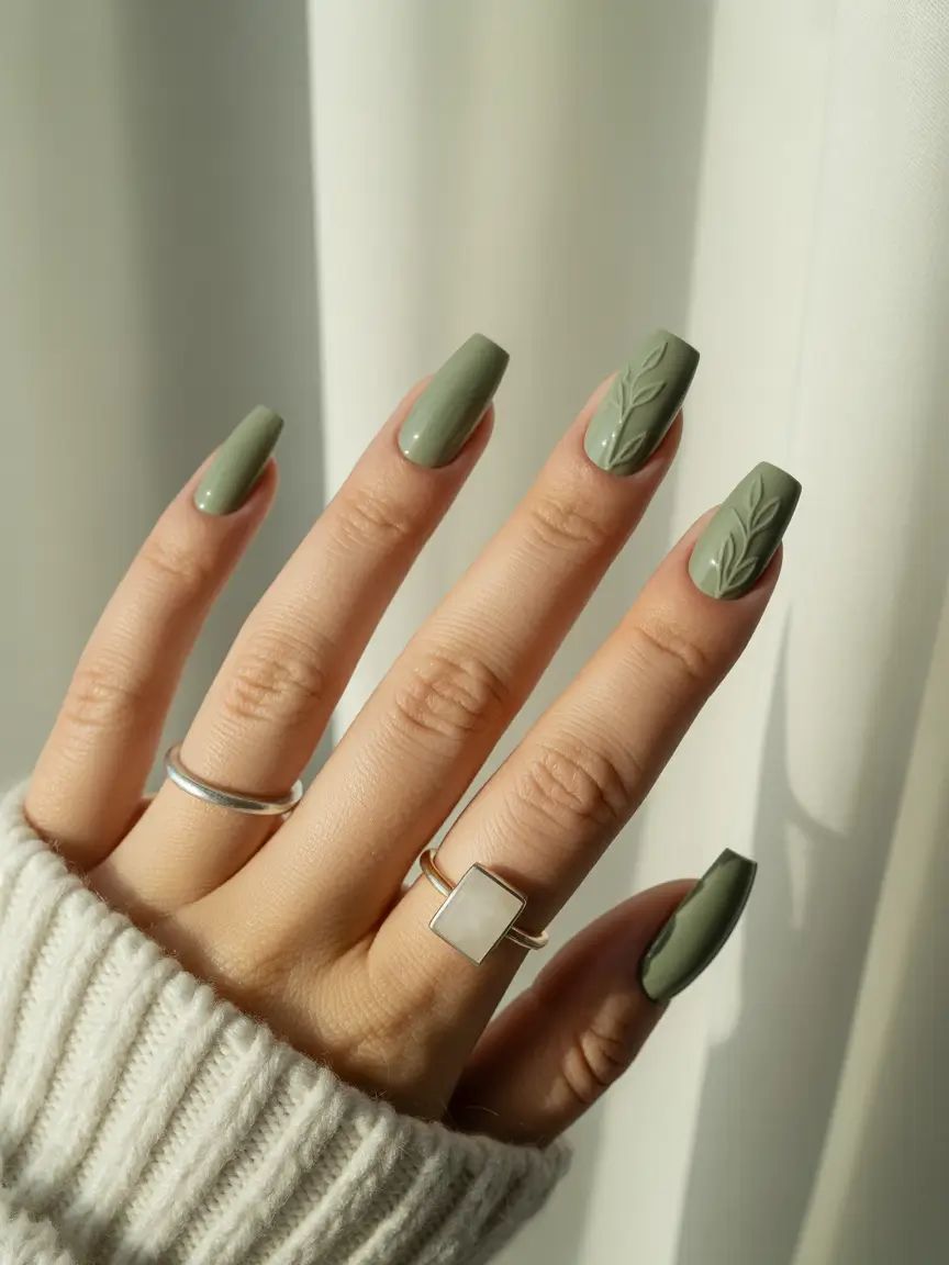 Matte Sage Green Coffin Nails With Embossed 3D Leaves