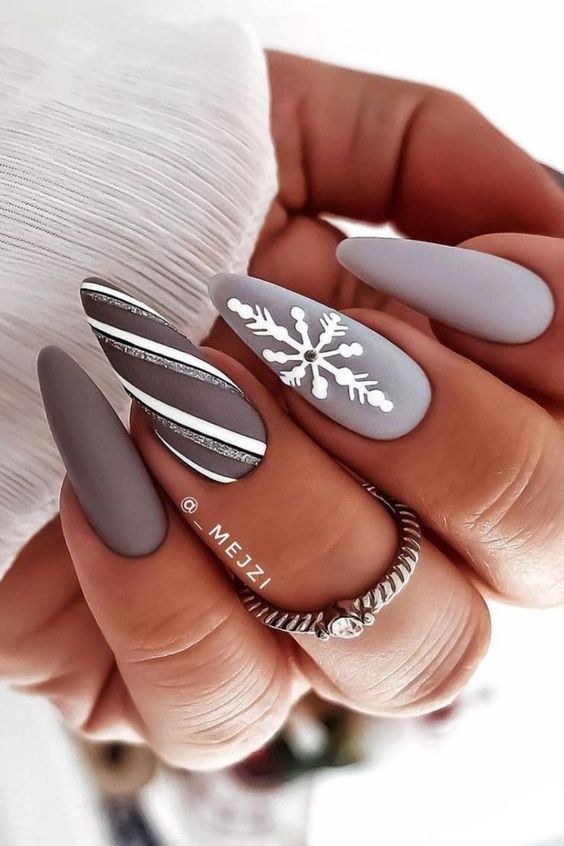Matte Silver Snowflake Nails