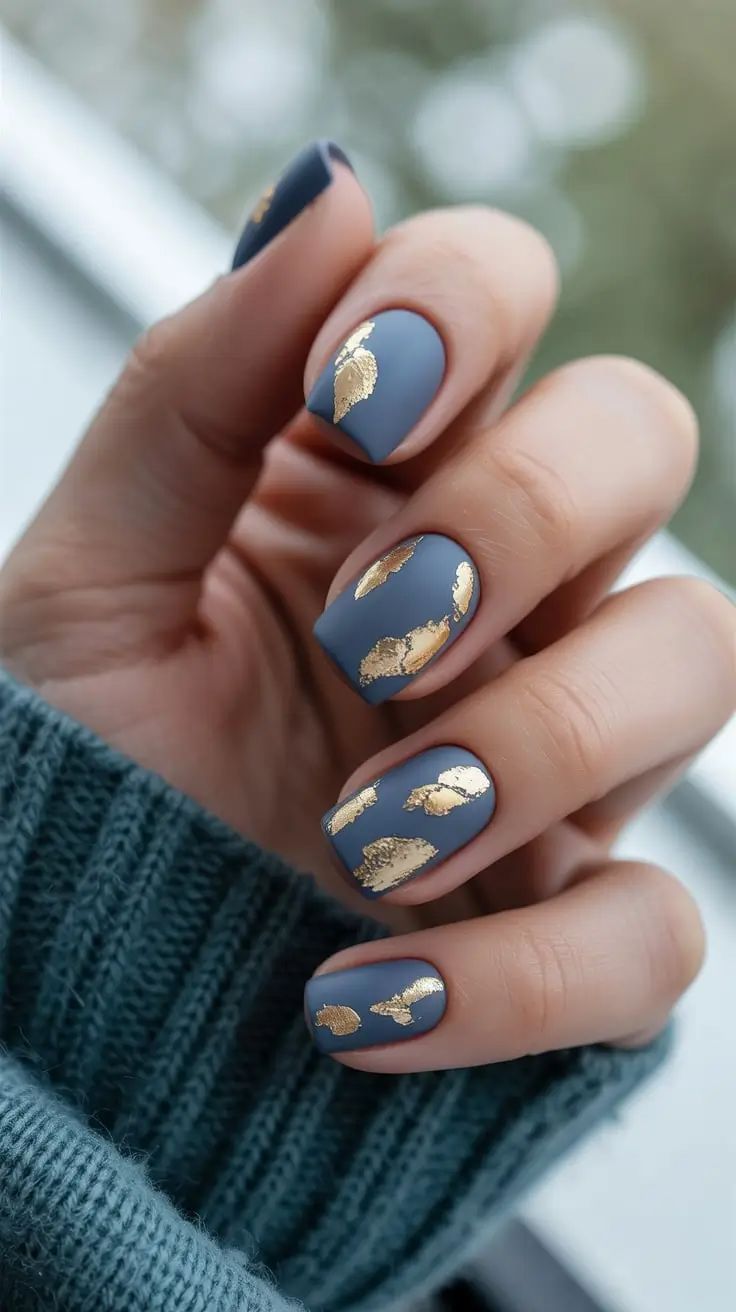 Matte Slate Blue Short Square Nails With Gold Leaf Foil