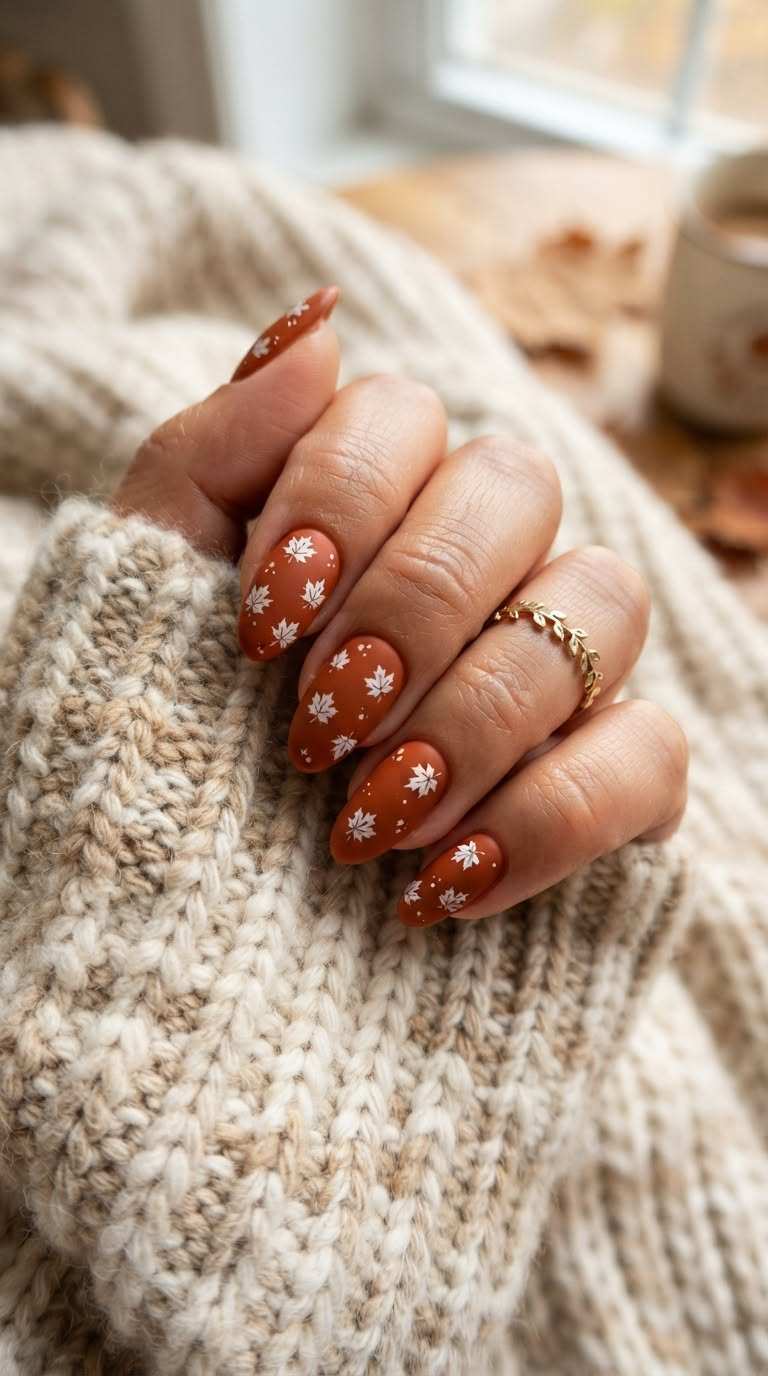 Matte Terracotta Orange Nails With White Maple Leaves