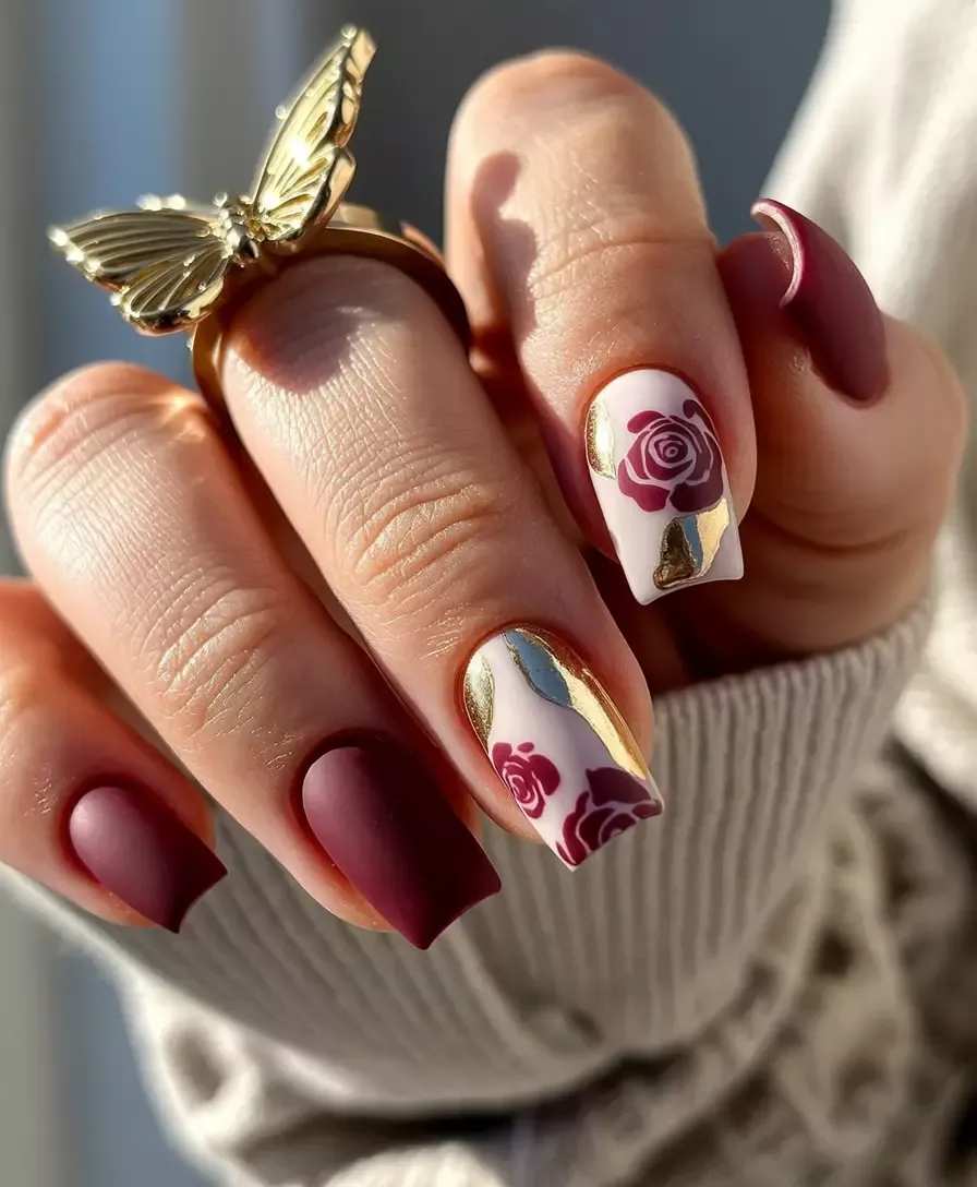 Matte Wine Burgundy Square Nails With Gold Chrome And Rose Art