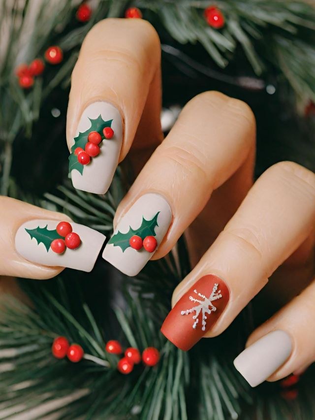Matte Wreath Holly Nails