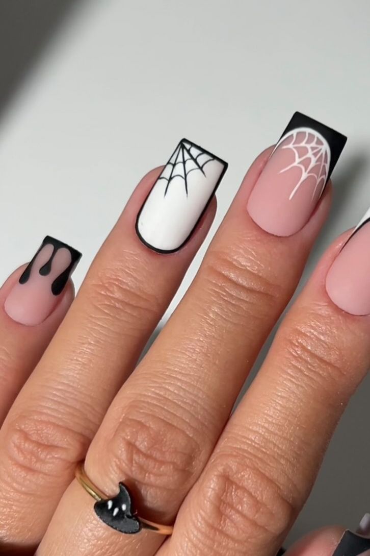 Matte Black And White Spiderweb Drip Square Halloween Nails