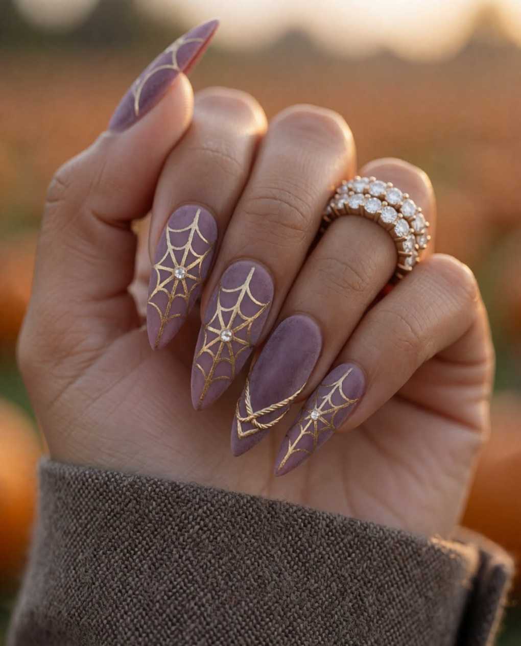 Mauve Matte Gold Spiderweb Stiletto Halloween Nails