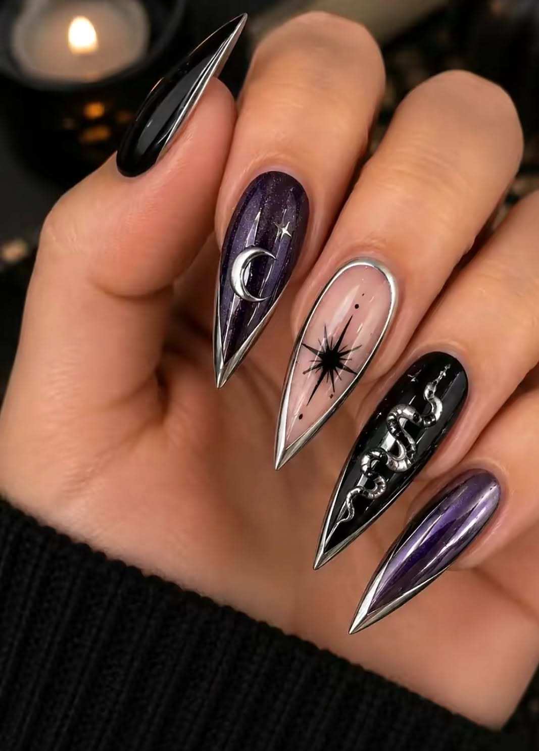 Metallic Chrome Snake And Moon Stiletto Witchy Halloween Nails