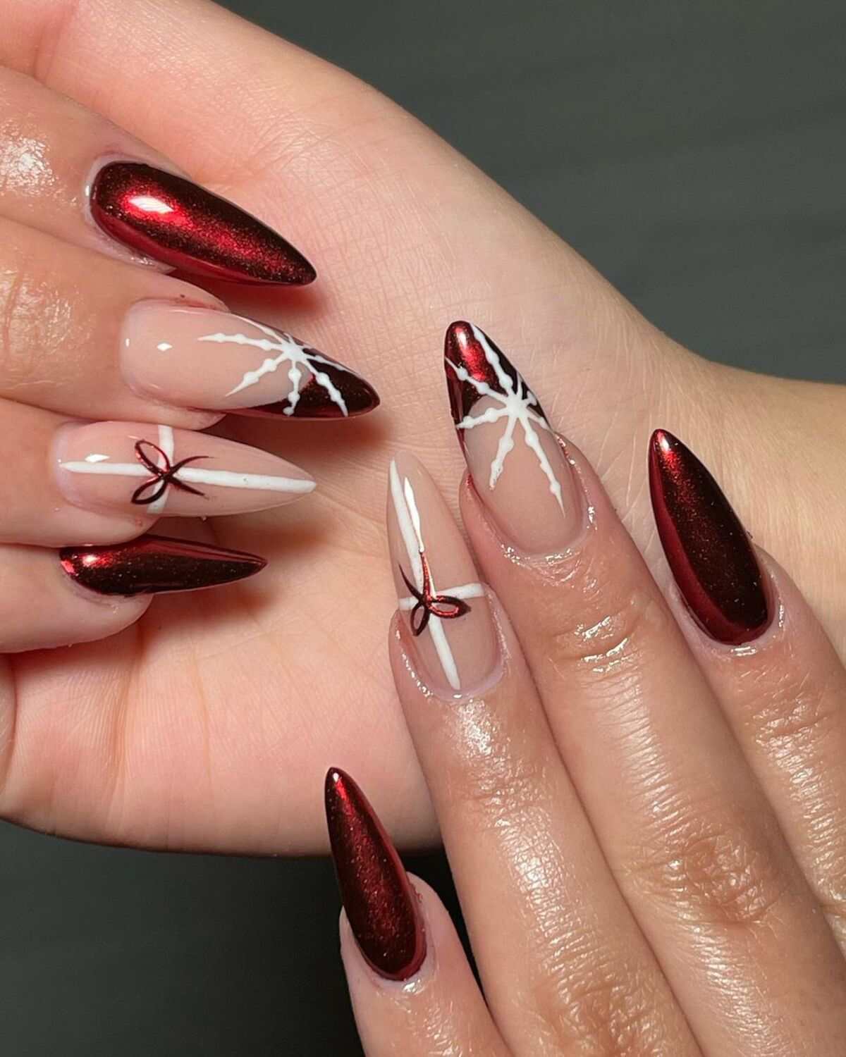 Metallic Red Snowflake Bow Almond Nails