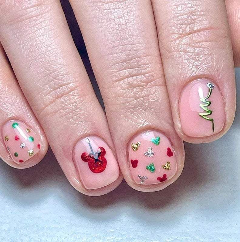 Mickey Bauble Glitter Nude Disney Nails