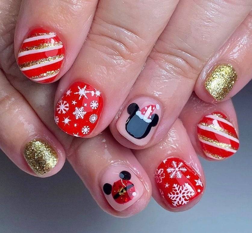 Mickey Santa Hat Snowflake Stripe Disney Nails