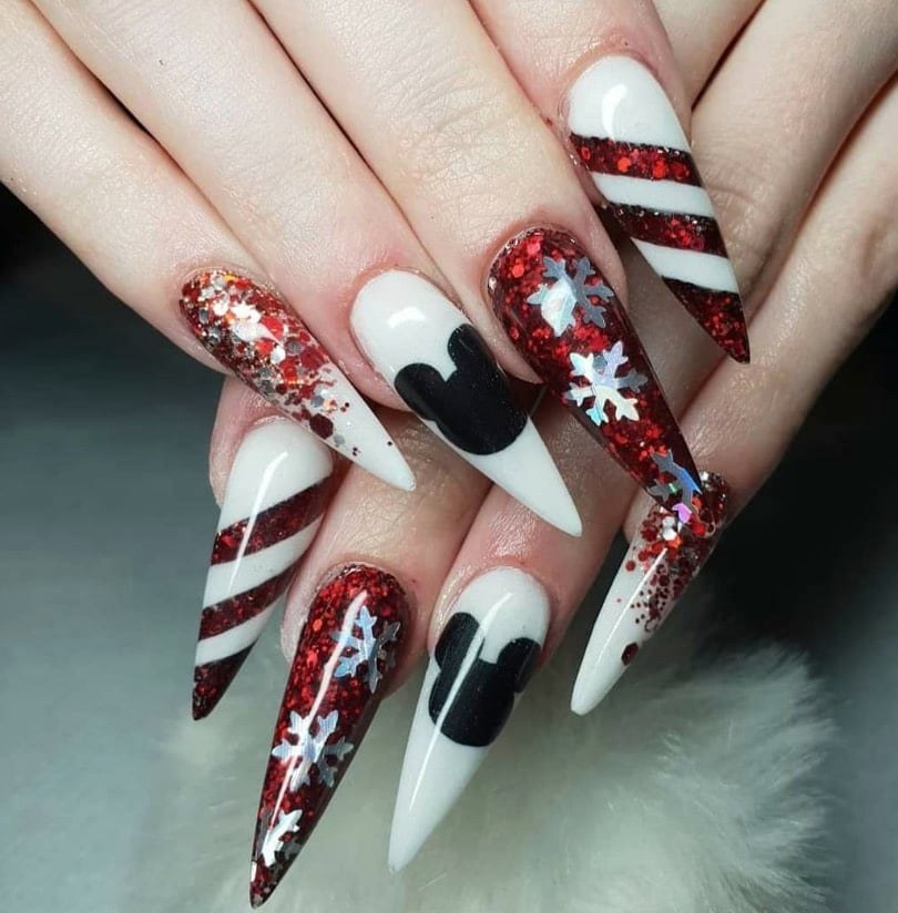 Mickey Silhouette Red Glitter Snowflake Disney Nails