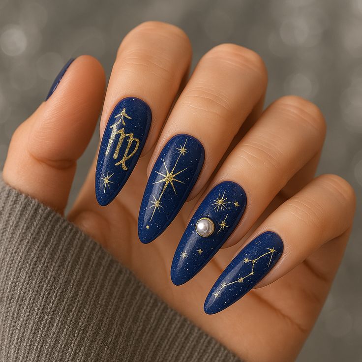 Midnight Blue Celestial Virgo Nails