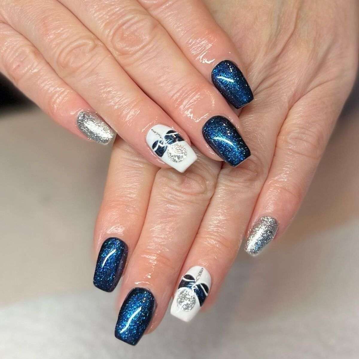 Midnight Blue Glitter Ornament Nails