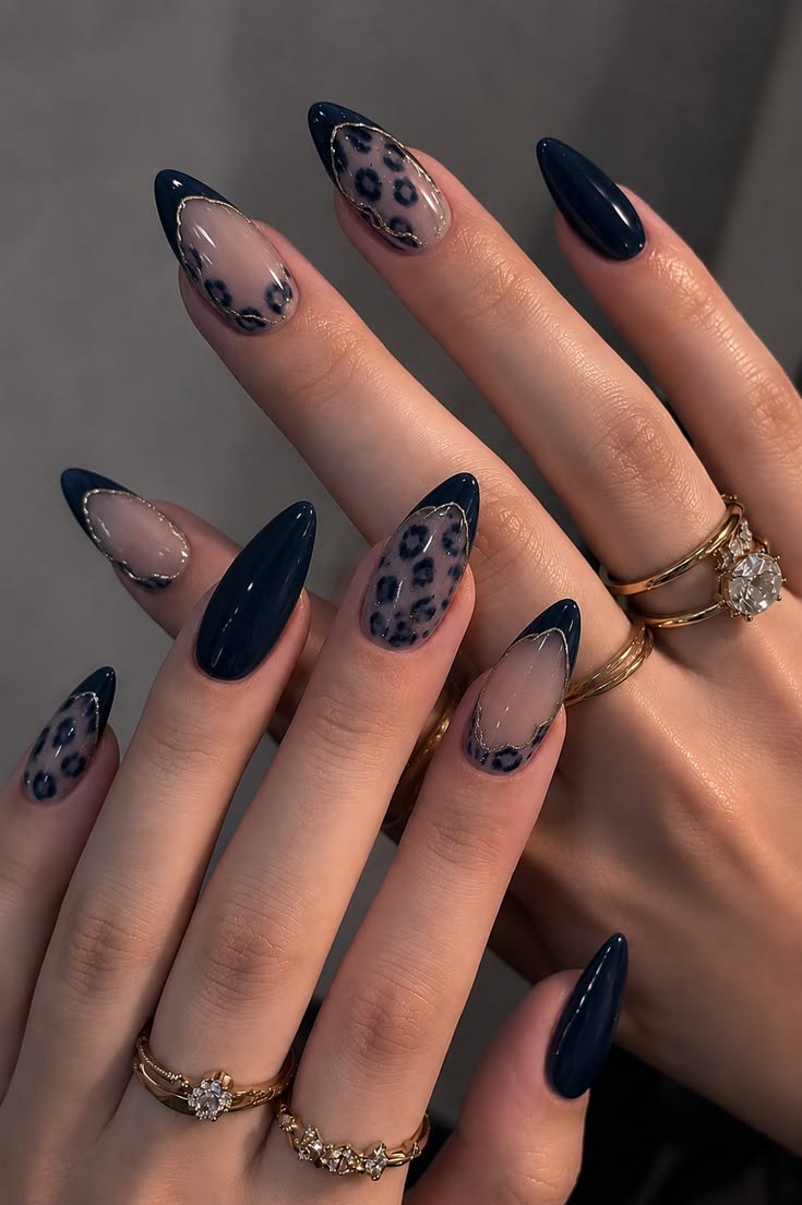 Midnight Blue Leopard French Tips
