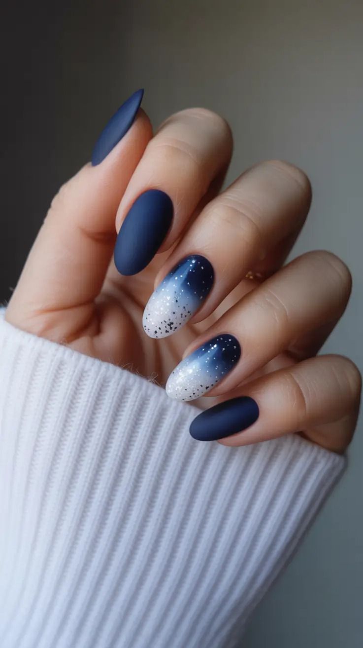 Midnight Navy Blue And Snowy Glitter Ombre Winter Nails