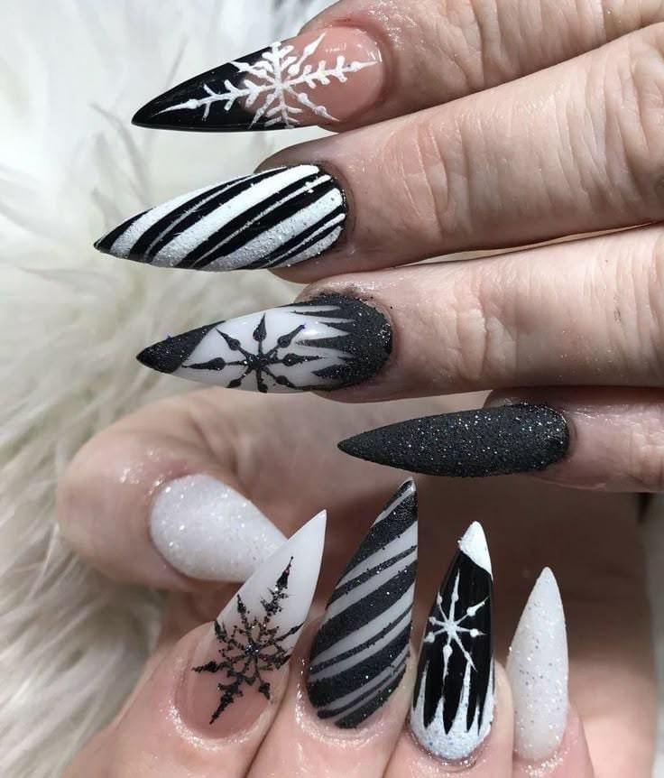 Midnight Snowfall Stiletto Claw Goth Nails