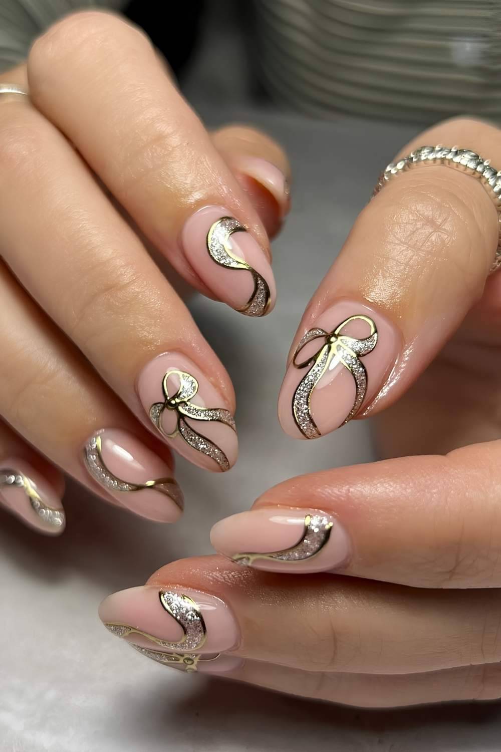 Milky Gold Glitter Bow Nails