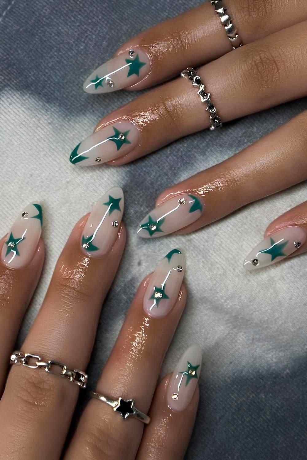 Milky Green Star Gem Nails