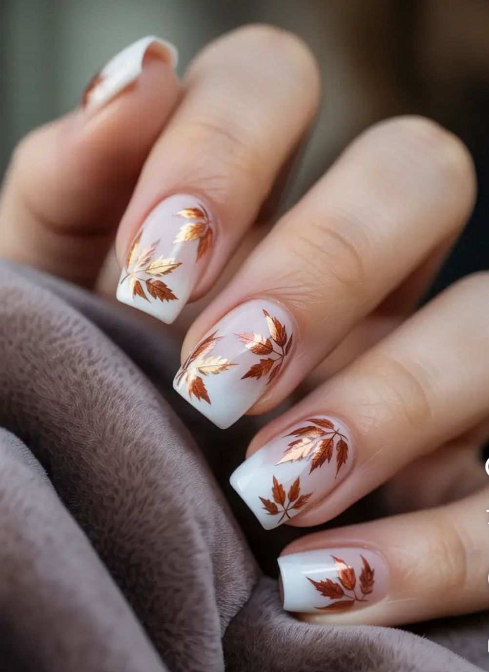 Milky Ombre Metallic Autumn Leaf Square Fall Nails