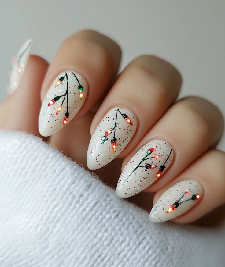 Milky White Almond Nails With Christmas Lights String Art