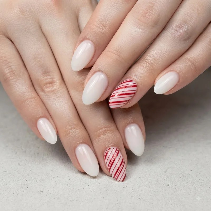 Milky White Candy Cane Almond Nails