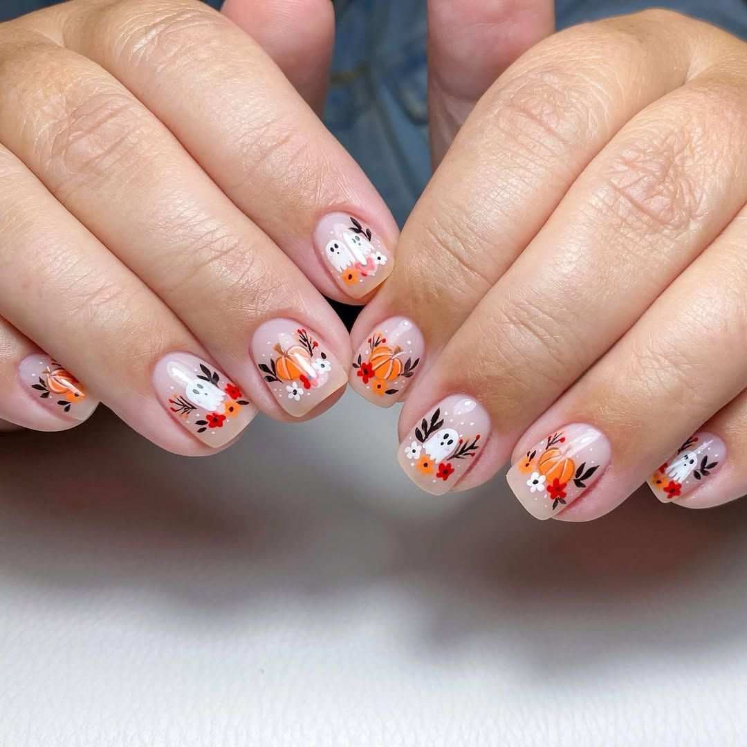 Mini Pumpkin And Ghost Autumn Floral Short Square Nails