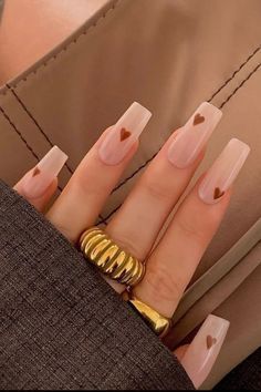 Minimalist Brown Hearts On Milky Nude Coffin Nails