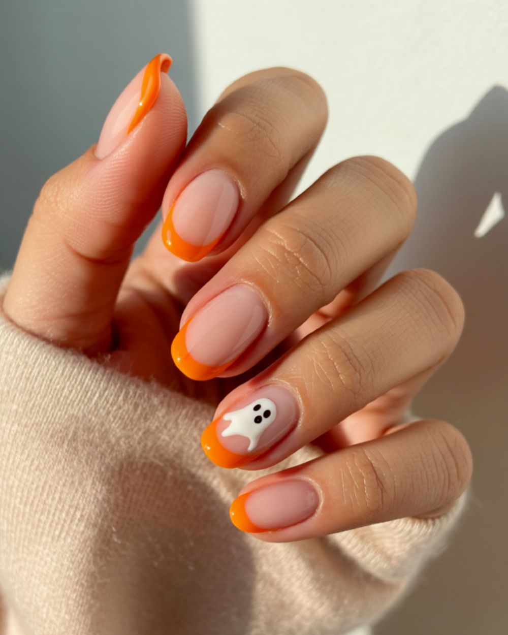 Minimalist Orange French Tip Cute Ghost Halloween Nails