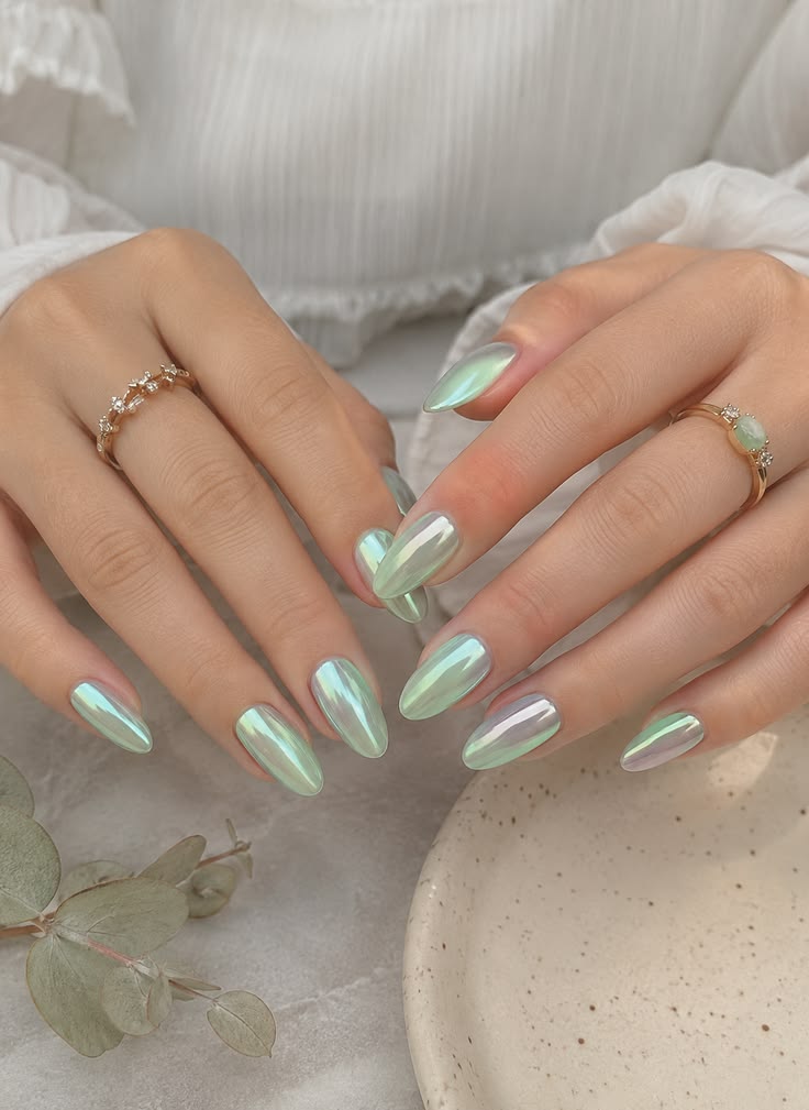 Mint Green Chrome Nails