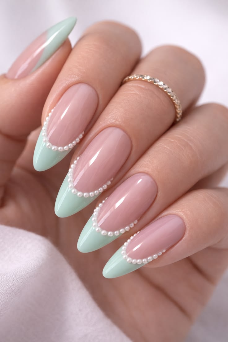 Mint Green French Tip Nails