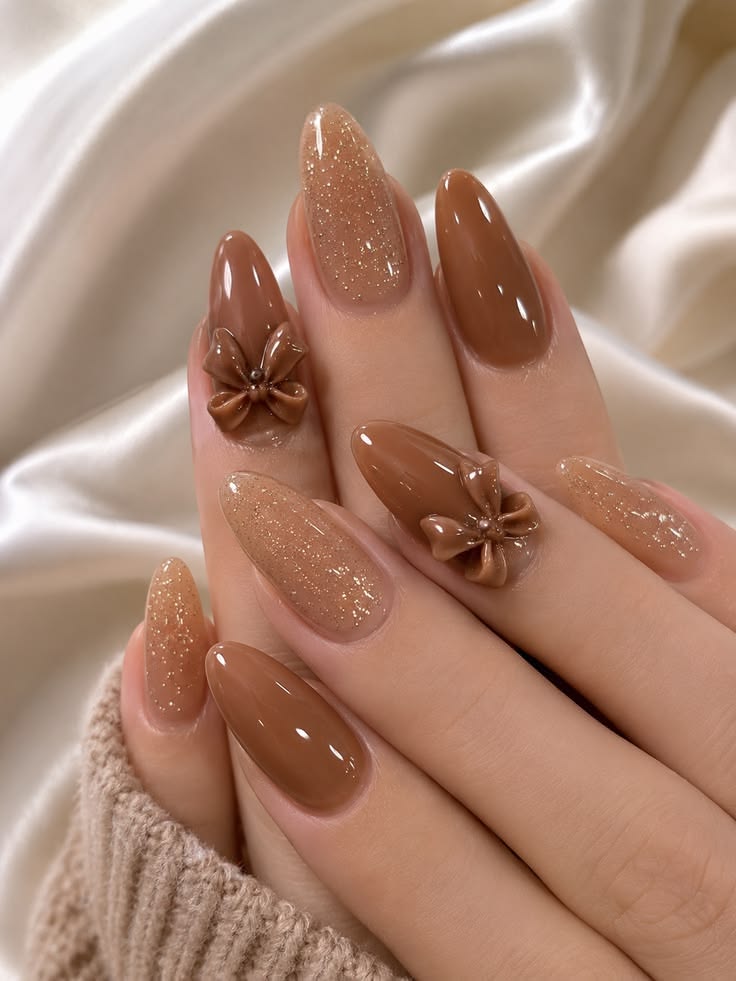 Mocha Bow Glitter Nails