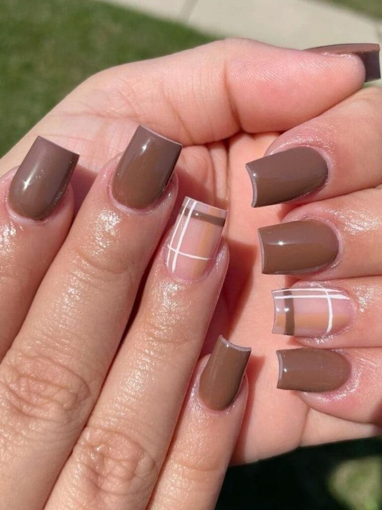 Mocha Brown And Sheer Plaid Square Fall Nails